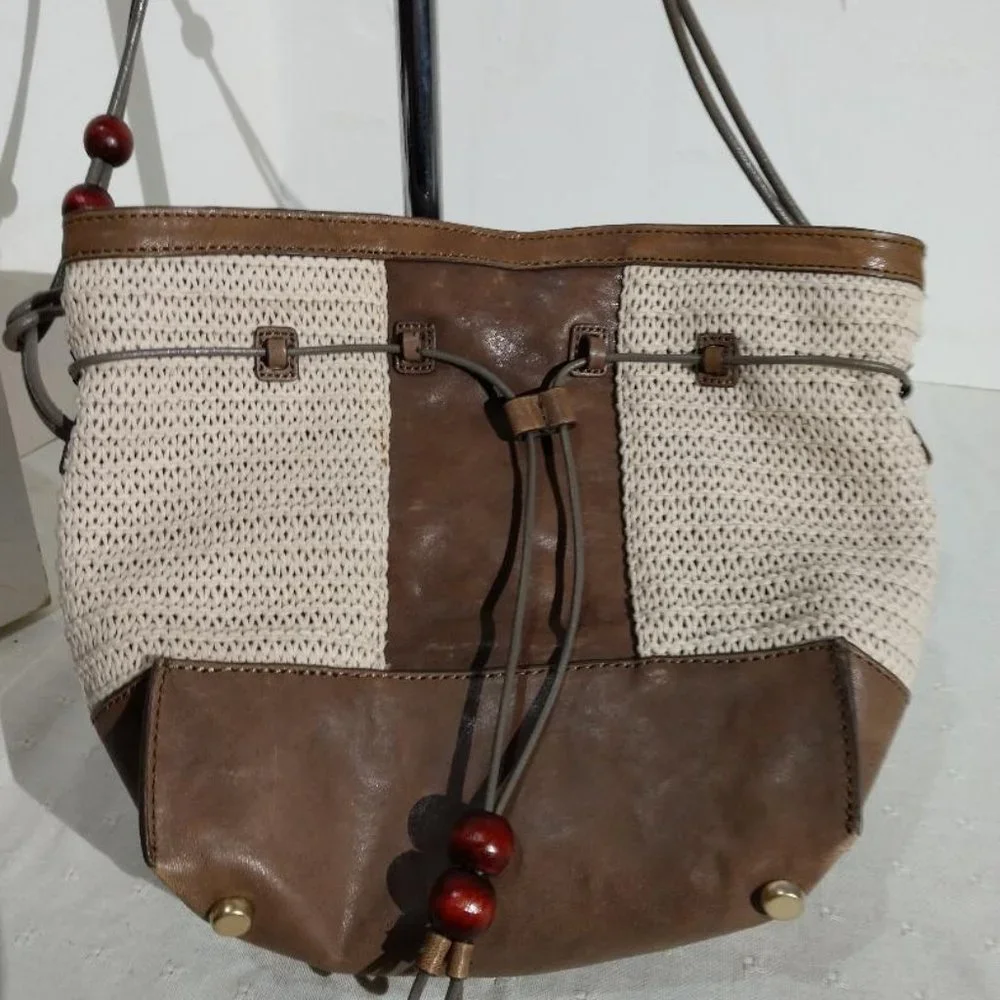 Weaved brown/off white boho bucket Nanette Lepore handbag